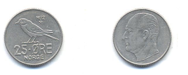 Норвегия 25 эре 1972 Улаф V (1958-1991), синица KM 407 медно-никель 4379-321