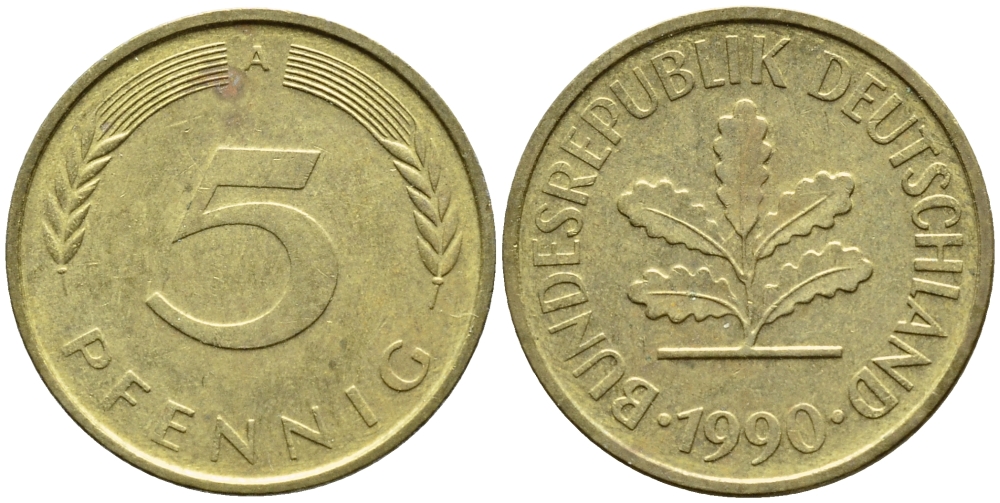 ФРГ 5 ПФЕННИГОВ 1990 A KM 107, J. 382 сталь плакированная латунью 4392-1046