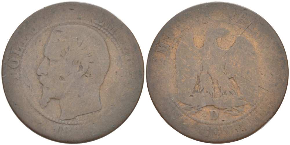 ФРАНЦИЯ 5 САНТИМОВ 1854 D, НАПОЛЕОН III (1852-1870) KM 777.4, LE FRANC 116.12 бронза 217-223