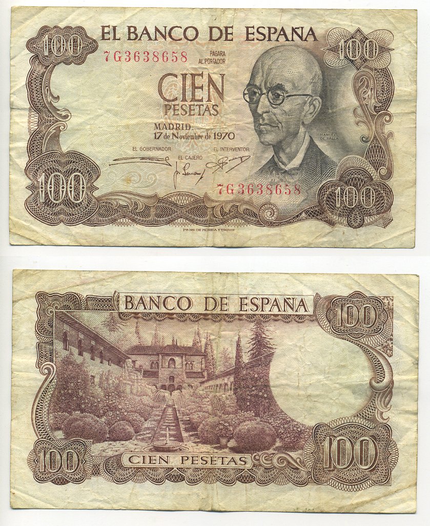 Испания 100 песет 1970 Мануэль де Фалья, летняя резиденция Мавританских королей в Гренаде Pick 152а  бумага 7218-49-2