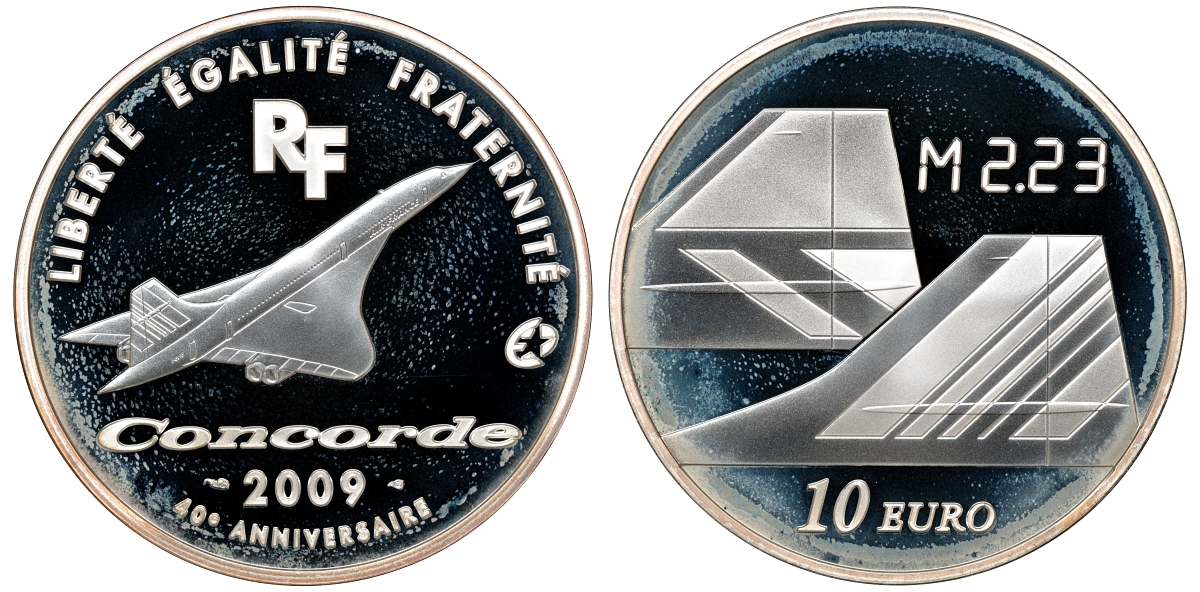 Франция 10 евро 2009 40 лет самолетам Конкорд, превышение скорости звука в 2,23 раза KM NEW серебро PROOF 6-5-1-29