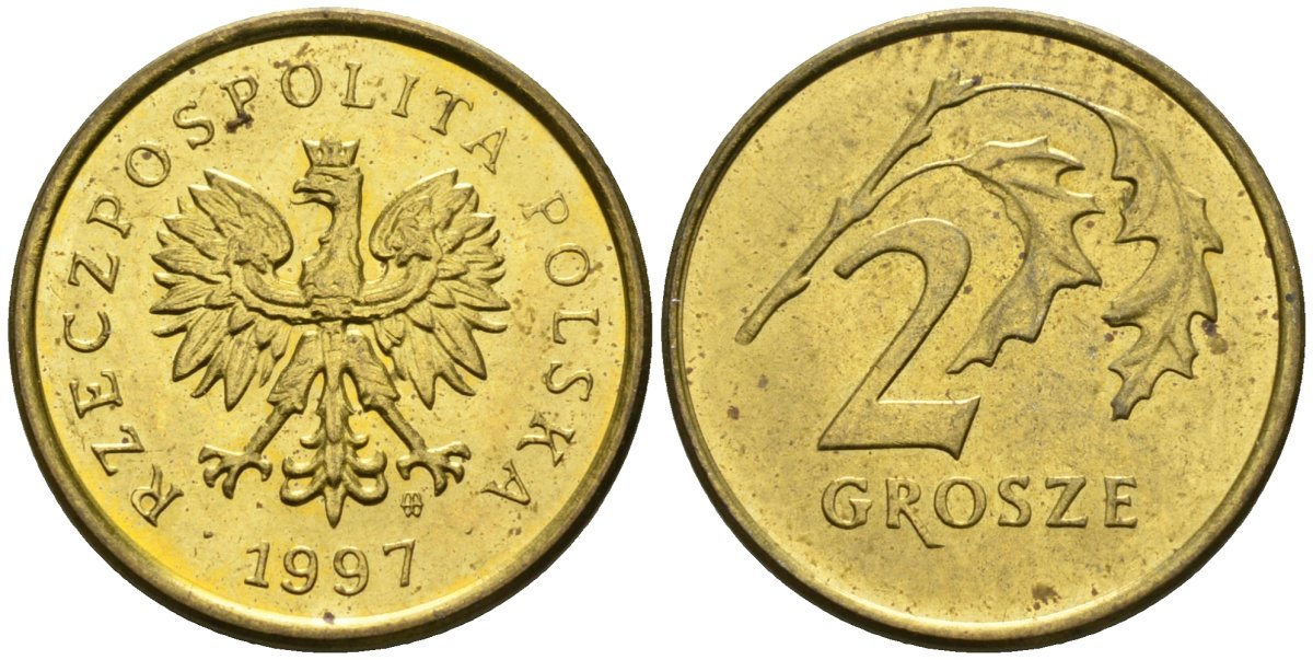 Польша 2 гроша 1997 MW KM 277, Parchimowicz 702d латунь 4580-518