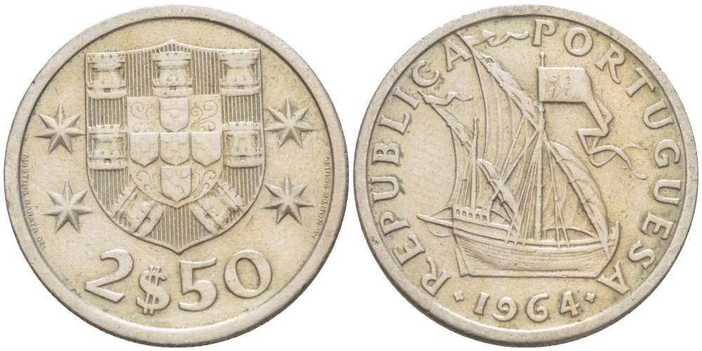 Португалия 2,5 эскудо 1964 парусник KM 590 медно-никель 4519-814