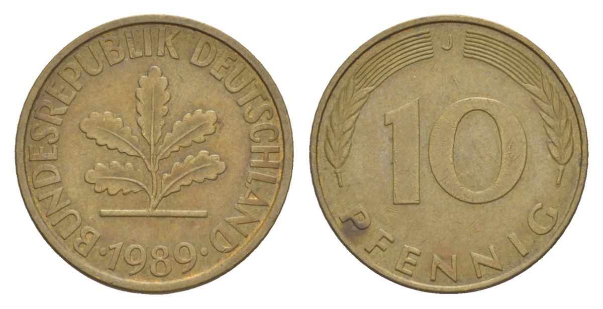 ФРГ 10 пфеннигов 1989 J KM 108, J. 383 сталь плакированная латунью 4627-123