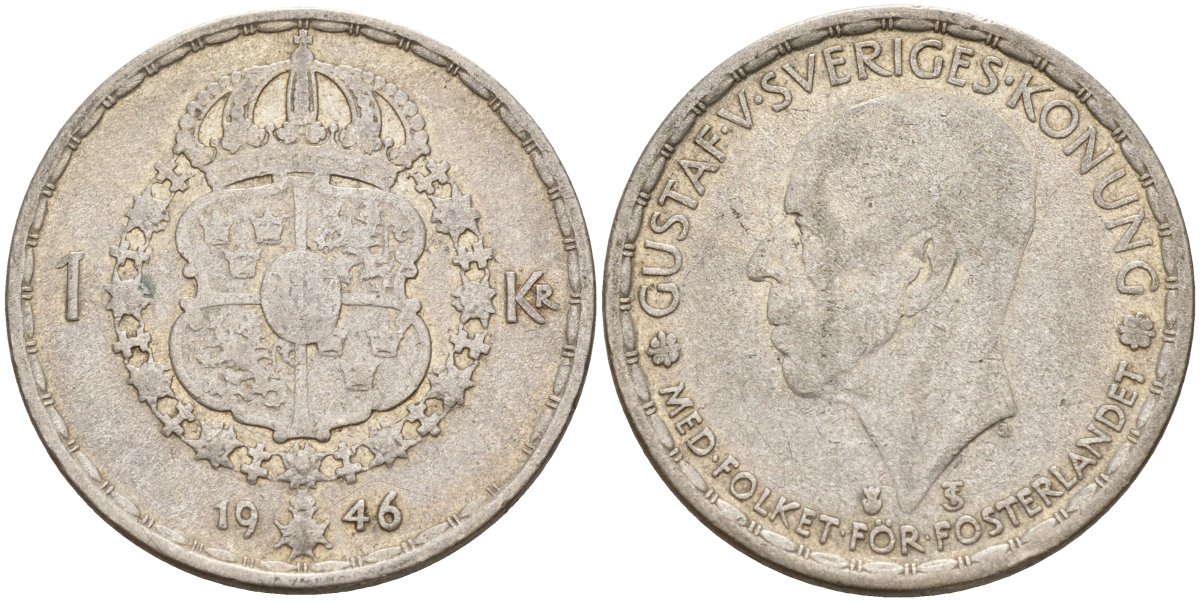 Швеция 1 крона 1946 TS, Густав V (1907-1950) KM 814 серебро 4148-1032
