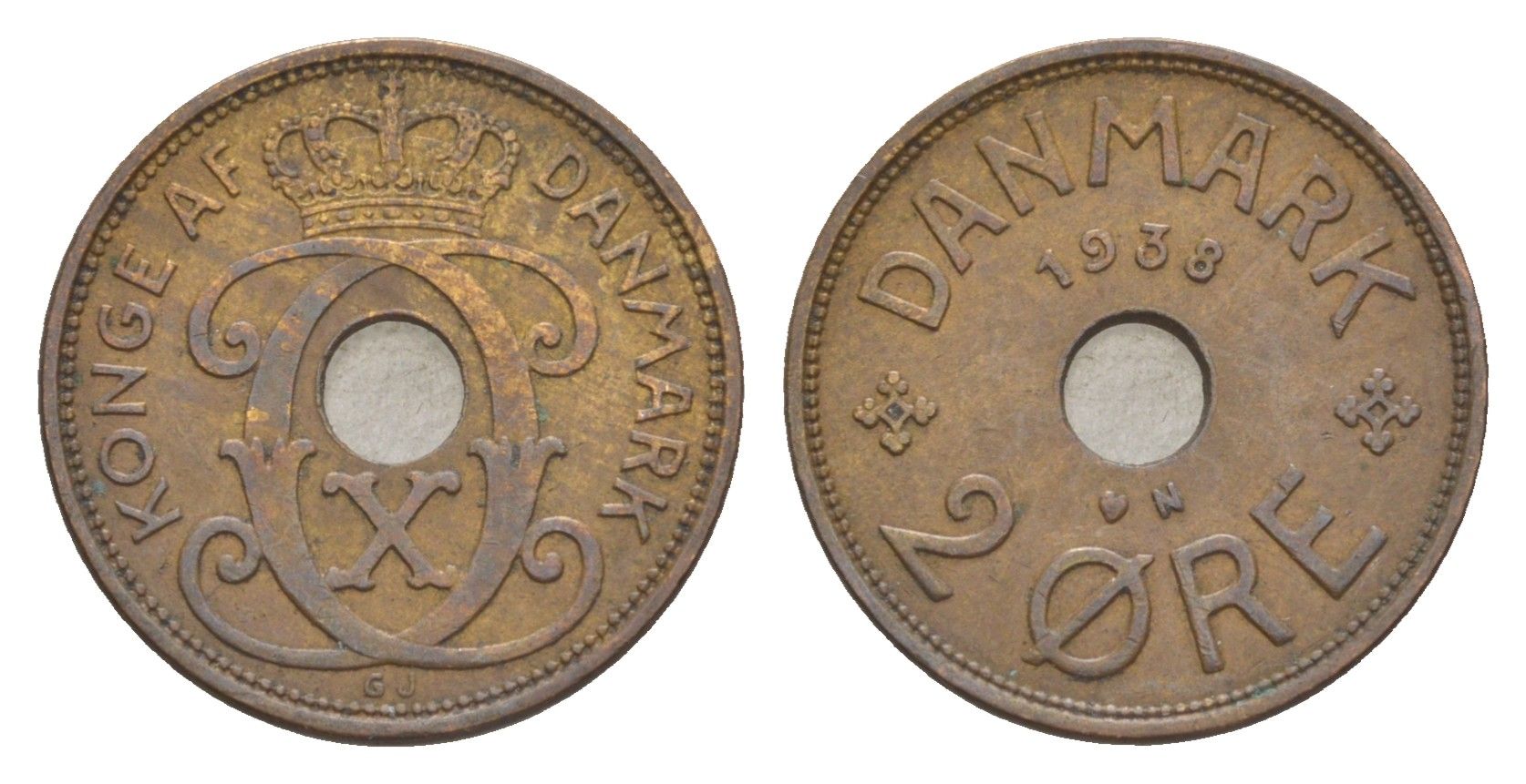 Дания 2 эре 1938 N, Кристиан X (1912-1947) KM 827 бронза 4639-759