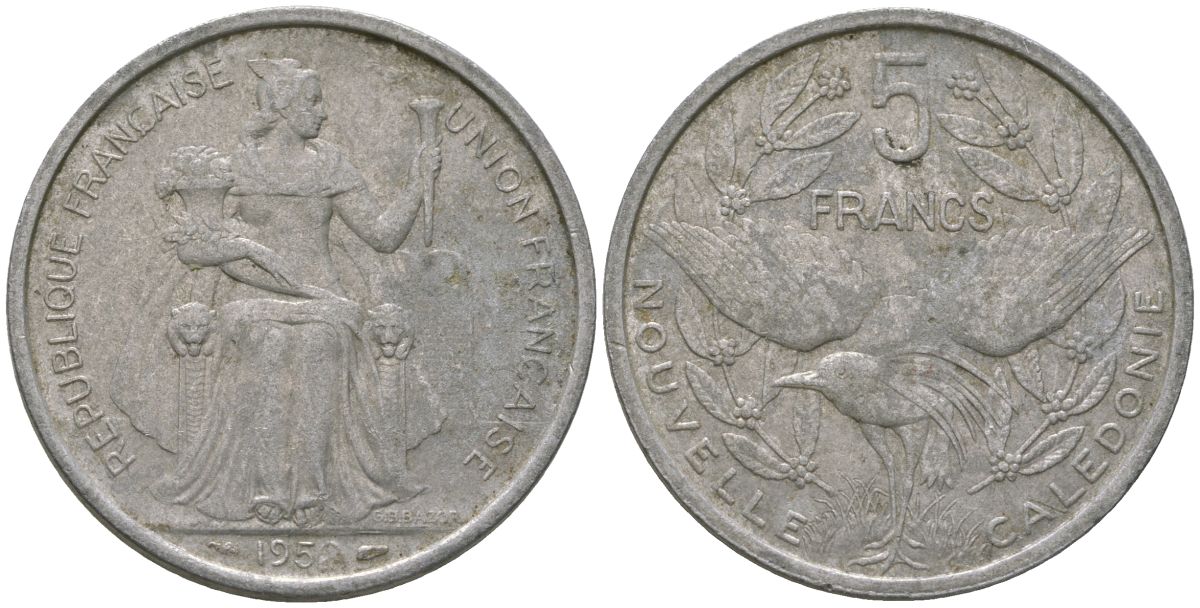 Французская Новая Каледония 5 франков 1952 птица кагу, (IEOM) KM 4, Schoen 4, Lec 71 алюминий 180-122