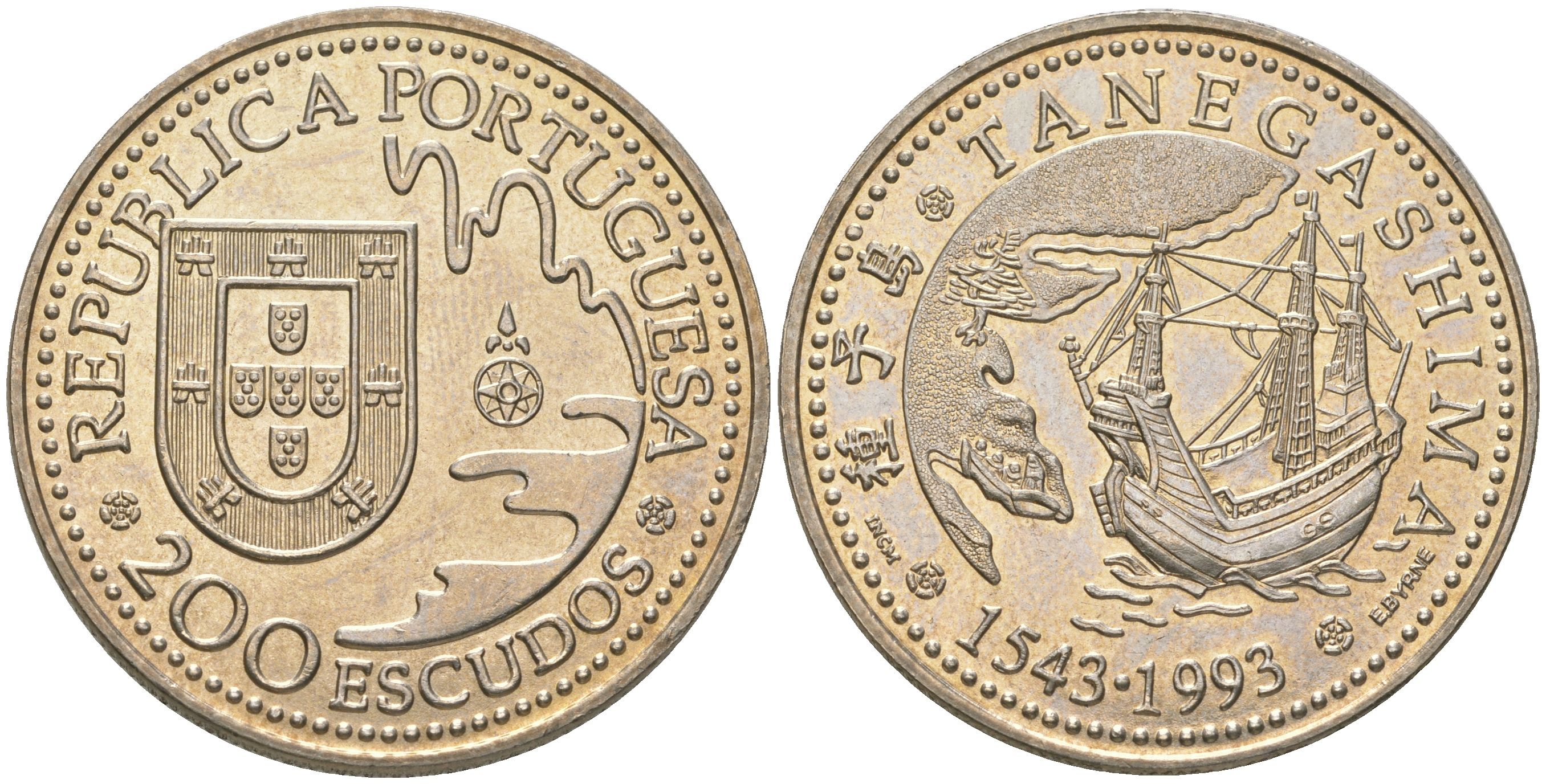 Португалия 200 эскудо 1993 450 лет с момента первой высадки в Японии на острове Танегасима KM 665 медно-никель UNC 74-525
