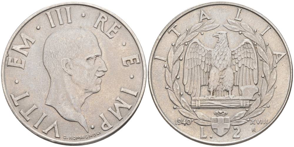 ИТАЛИЯ 2 ЛИРЫ 1940 R, ГОД XVIII, ВИКТОР ЭММАНУИЛ III (1900-1946) KM 78а, VEM3. 1155 a) нержавеющая сталь 3855-321