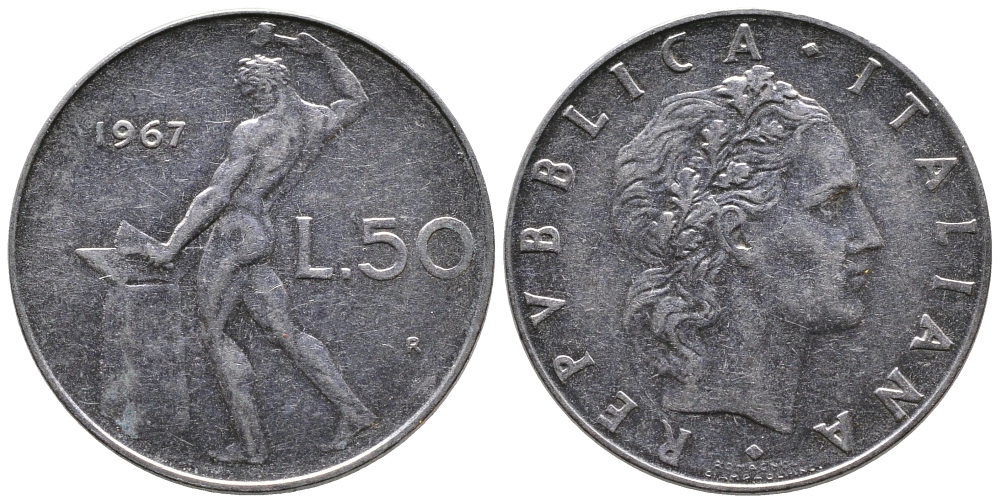 ИТАЛИЯ 50 ЛИР 1967 R, КУЗНЕЦ KM 95.1 сталь 83-1852
