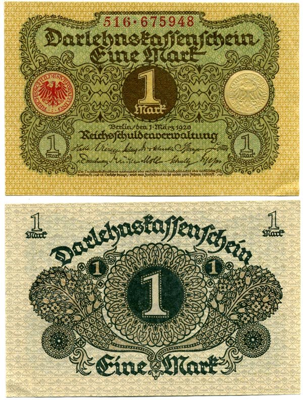 ГЕРМАНИЯ 1 МАРКА 1920 1 МАРТА 1920, ВЕЙМАРСКАЯ РЕСПУБЛИКА Pick 58 бумага аUNC 7146-27-2-1