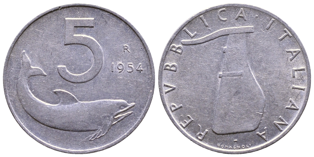 ИТАЛИЯ 5 ЛИР 1954 R, РУЛЬ, ДЕЛЬФИН KM 92 алюминий 56-1127