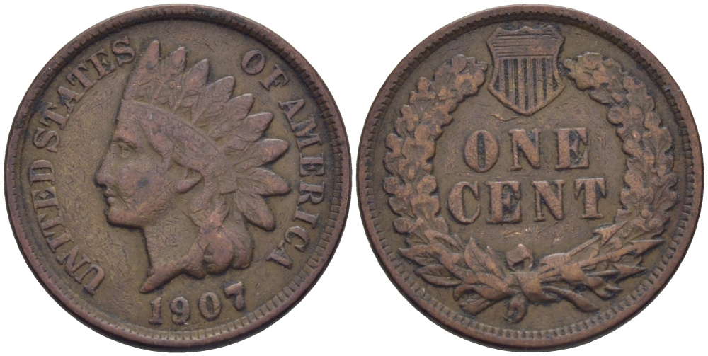 США 1 ЦЕНТ 1907 ГОЛОВА ИНДЕЙЦА KM 90а бронза 26-816