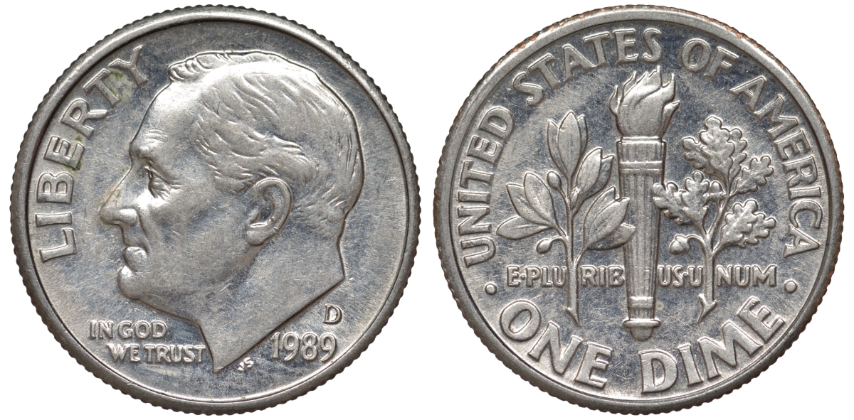 США 1 дайм - 10 центов 1989 D, Рузвельт KM 195a медь плакированная медно-никелем 4549-317