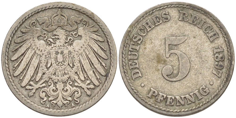 ГЕРМАНИЯ 5 ПФЕННИГОВ 1897 A, KM 11, J. 12 медно-никель 116-752