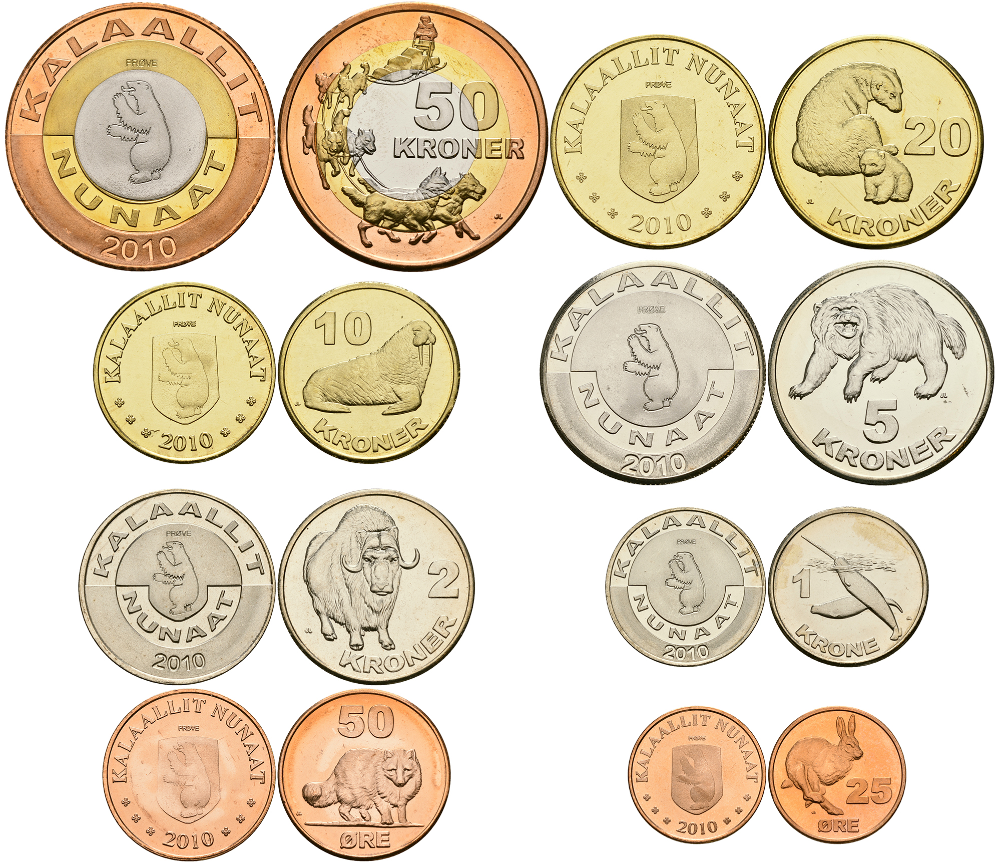 Гренландия набор из 8 монет 2010 (25, 50 эре, 1, 2, 5, 10, 20, 50 крон), животные, одна монета биметалл UNC N2-24