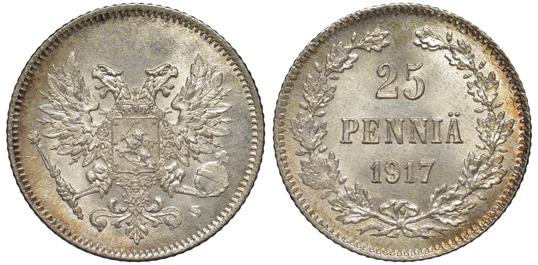 Россия для Финляндии 25 пенни 1917 S, временное правительство, без короны KM 19, Биткин 2 серебро 75-1534