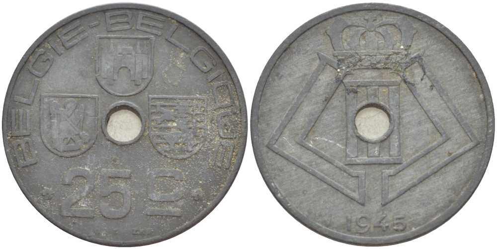 БЕЛЬГИЯ 25 САНТИМОВ 1945 BELGIE-BELGIQUE KM 132 цинк 180-1222