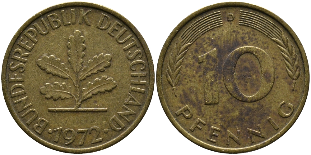 ФРГ 10 ПФЕННИГОВ 1972 D KM 108, J.383 сталь плакированная латунью 33-127