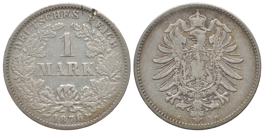 Германия 1 марка 1876 G Weege 17, J. 9, KM 7 серебро 413-1521