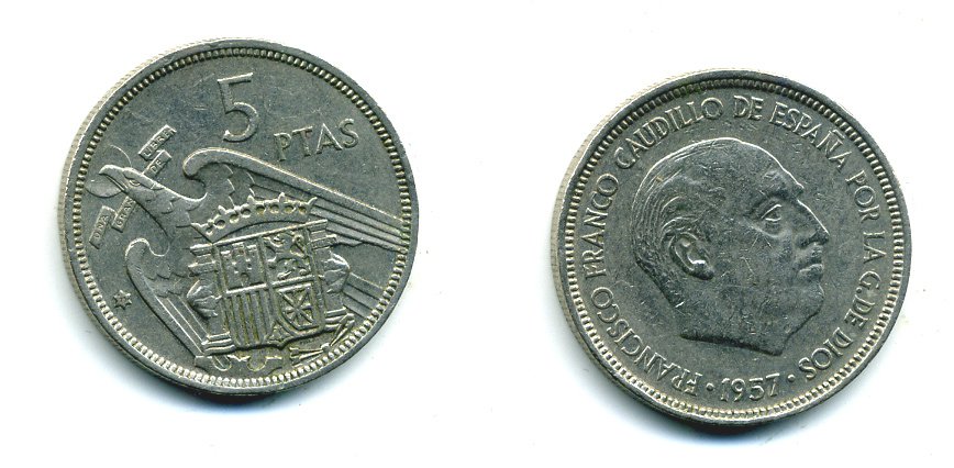 Испания 5 песет 1957 (71) Франсиско Франко (1939-1975) KM 786 медно-никель 53-1154