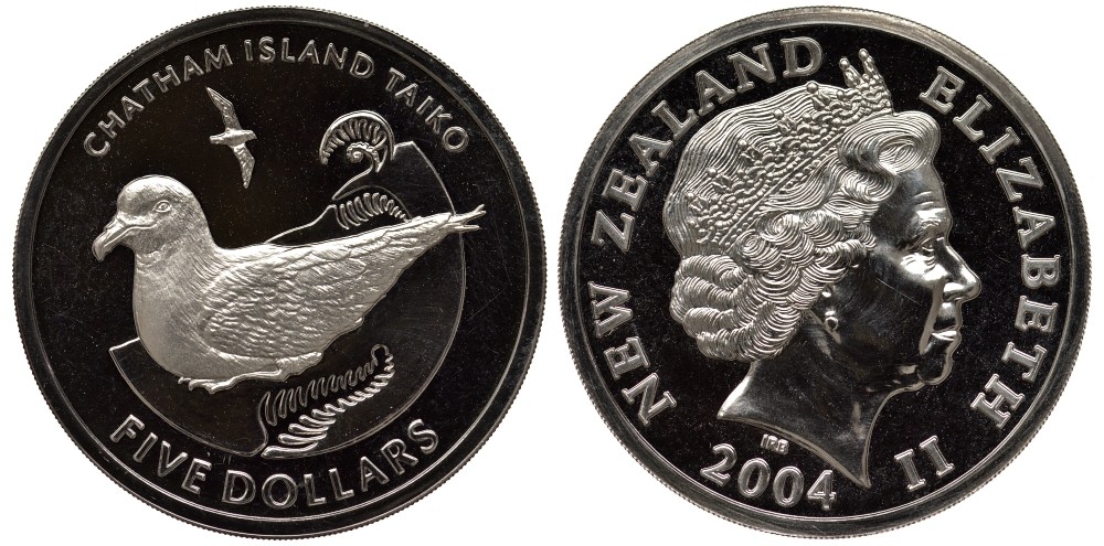 Новая Зеландия 5 долларов 2004 чатемский тайфунник-таико (Pterodroma magentae), тираж 1350 экземпляров KM 133 медно-никель UNC 4537-214