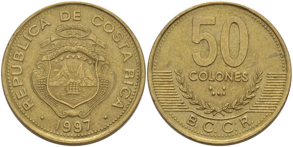 КОСТА-РИКА 50 КОЛОН 1997 а KM 231 латунь 82-146