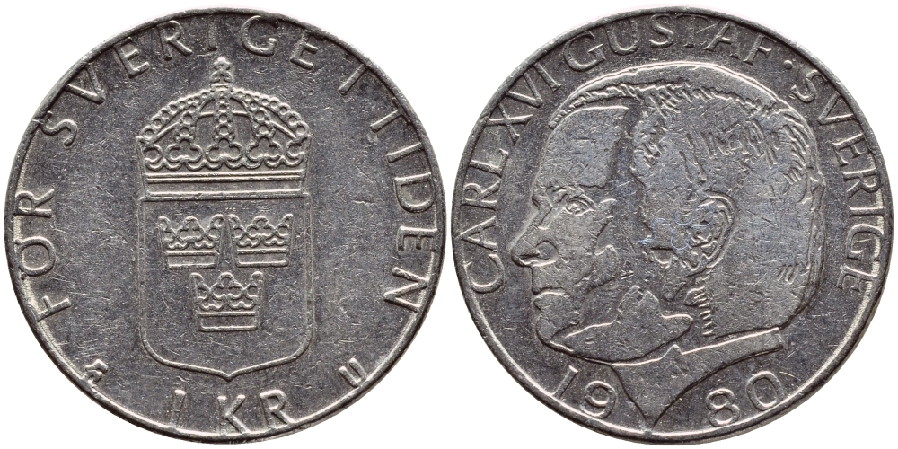 Швеция 1 крона 1980 Карл XVI Густав (1973- ) KM 852 медь плакированная медно-никелем 4397-937