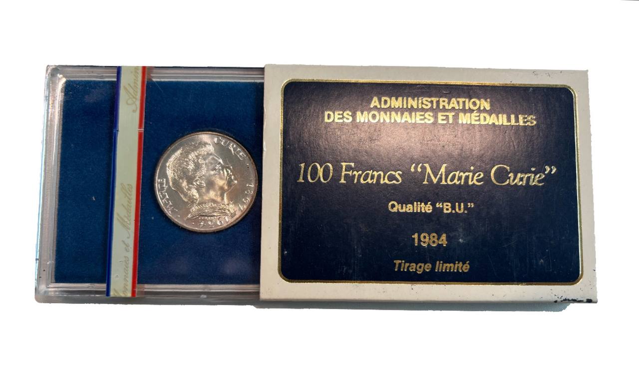 Франция 100 франков 1984 50 лет со дня смерти Марии Кюри, в оригинальной упаковке KM 955 серебро  UNC  1-6-4-21