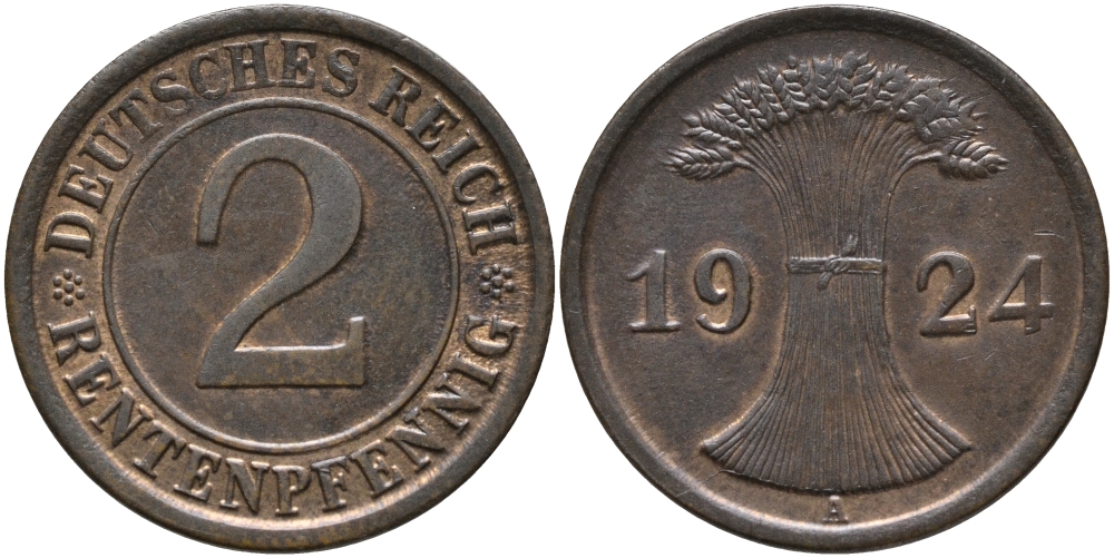 ГЕРМАНИЯ 2 РЕНТПФЕННИГА 1924 A J 307, KM 31 бронза UNC 66-717