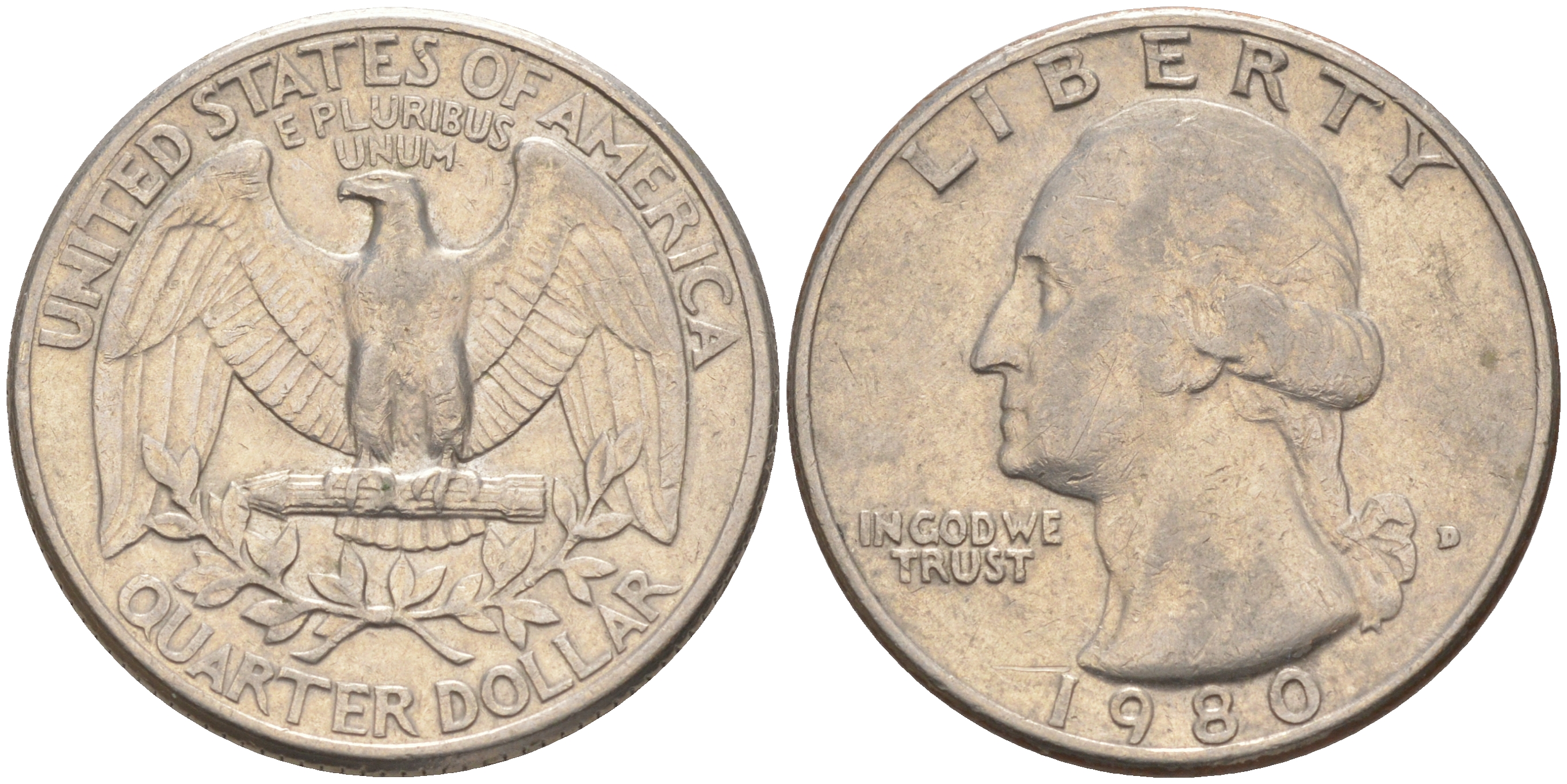 США 25 центов (квотер) 1980 Вашингтон KM A164a медь плакированная медно-никелем 4114-823