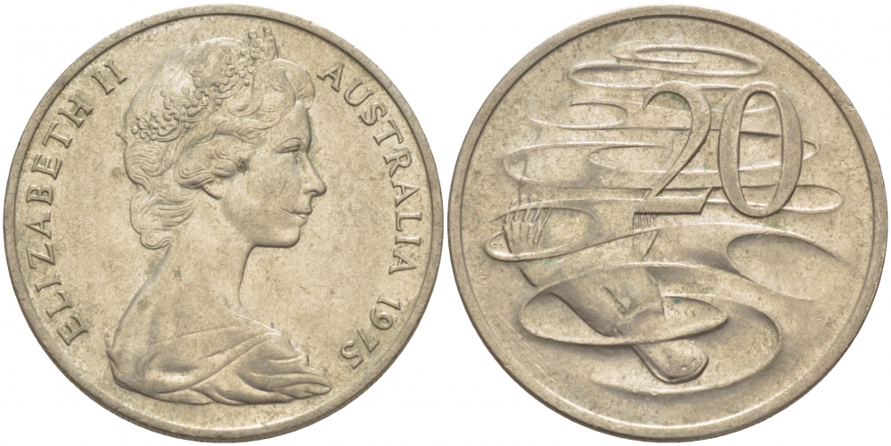 Австралия 20 центов 1975 Елизавета II (1952-2022), утконос KM 66 медно-никель UNC 114-444