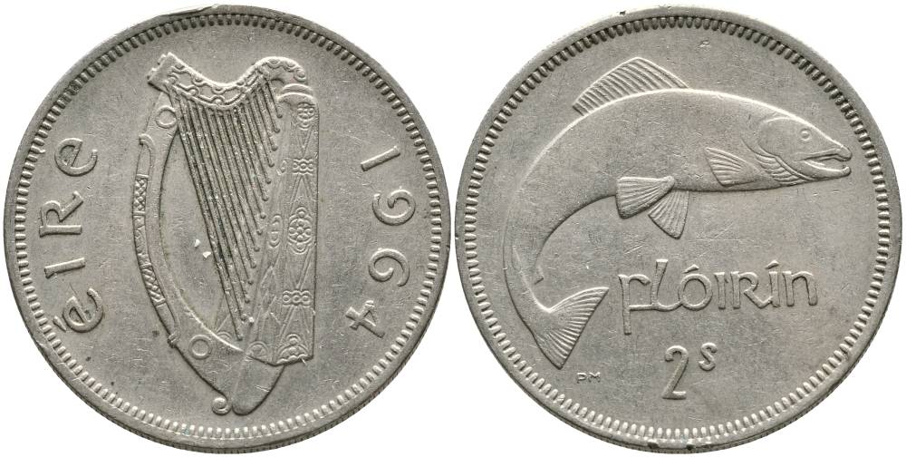 ИРЛАНДИЯ 1 ФЛОРИН = 2 ШИЛЛИНГА 1964 ЛОСОСЬ KM 15а медно-никель 4531-826