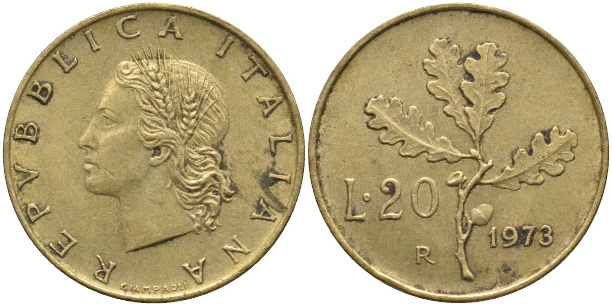 Италия 20 лир 1973 R, дубовая ветвь KM 97.2 алюминиевая бронза 4171-916