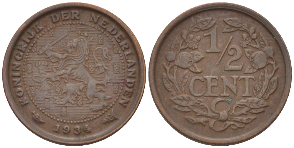 НИДЕРЛАНДЫ 1/2 ЦЕНТА 1934 ВИЛЬГЕЛЬМИНА (1890-1948) KM 138 бронза 39-225