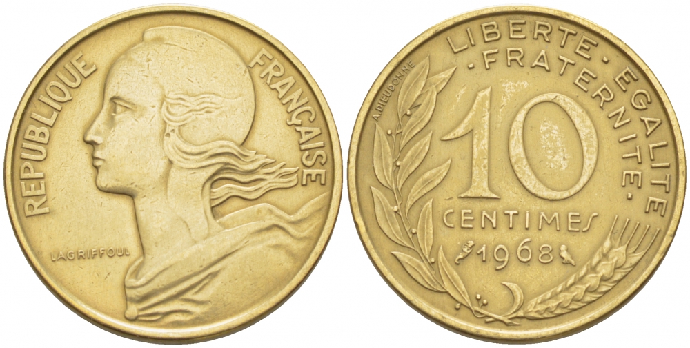 ФРАНЦИЯ 10 САНТИМОВ 1968 ТИП MARIANNE KM 929, LE FRANC 144.8 алюминиевая бронза 112-557