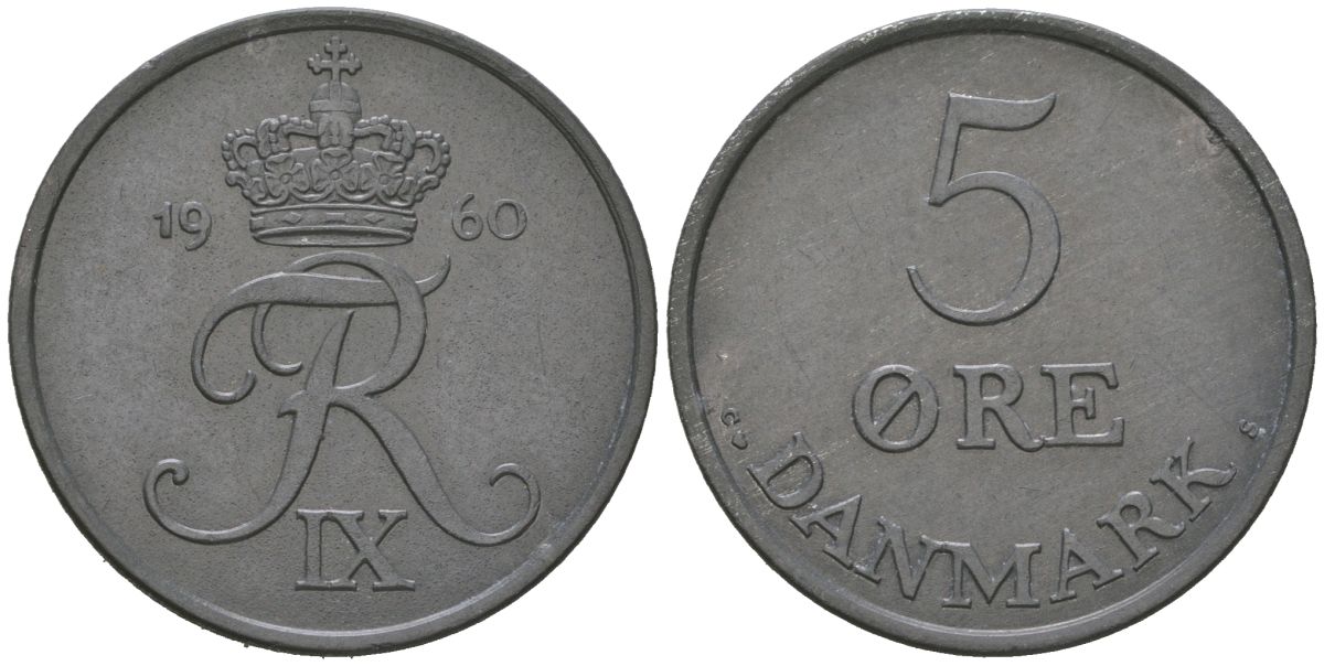 Дания 5 эре 1960 C; S, Фредерик IX (1947-1972) KM 843 цинк aUNC 4536-346