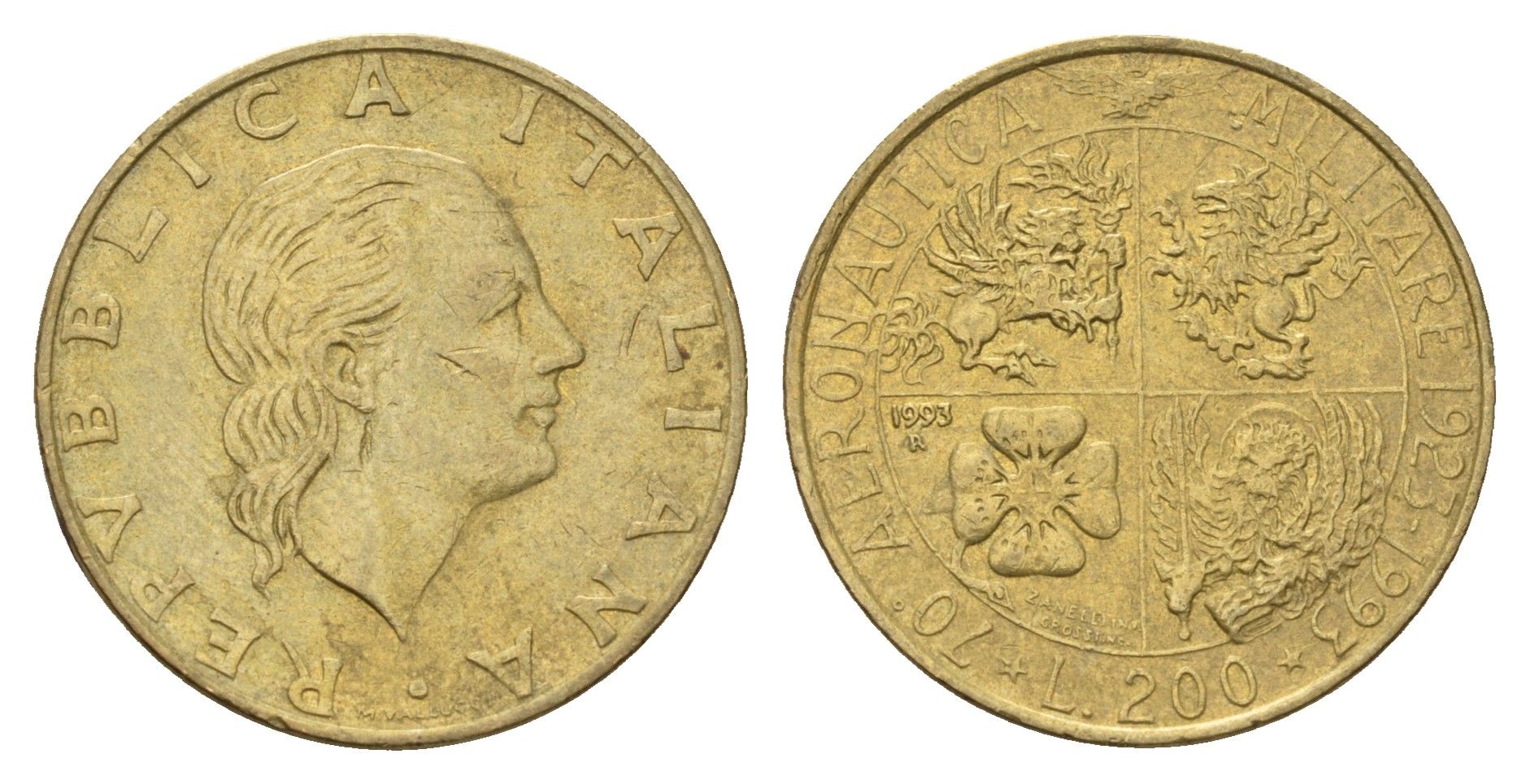 Италия 200 лир 1993 70 лет военной авиации KM 155 алюминиевая бронза 186-1133