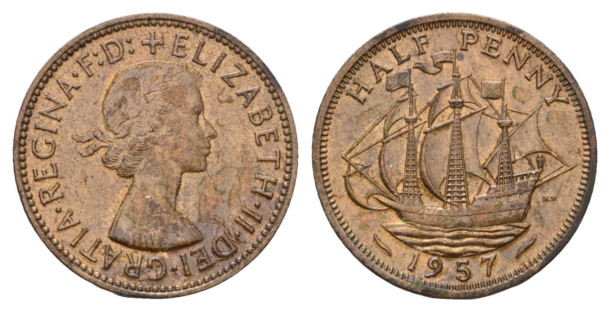 Великобритания 1/2 пенни 1957 Елизавета II (1952-2022) KM 896, Spink 4158 бронза 94-723
