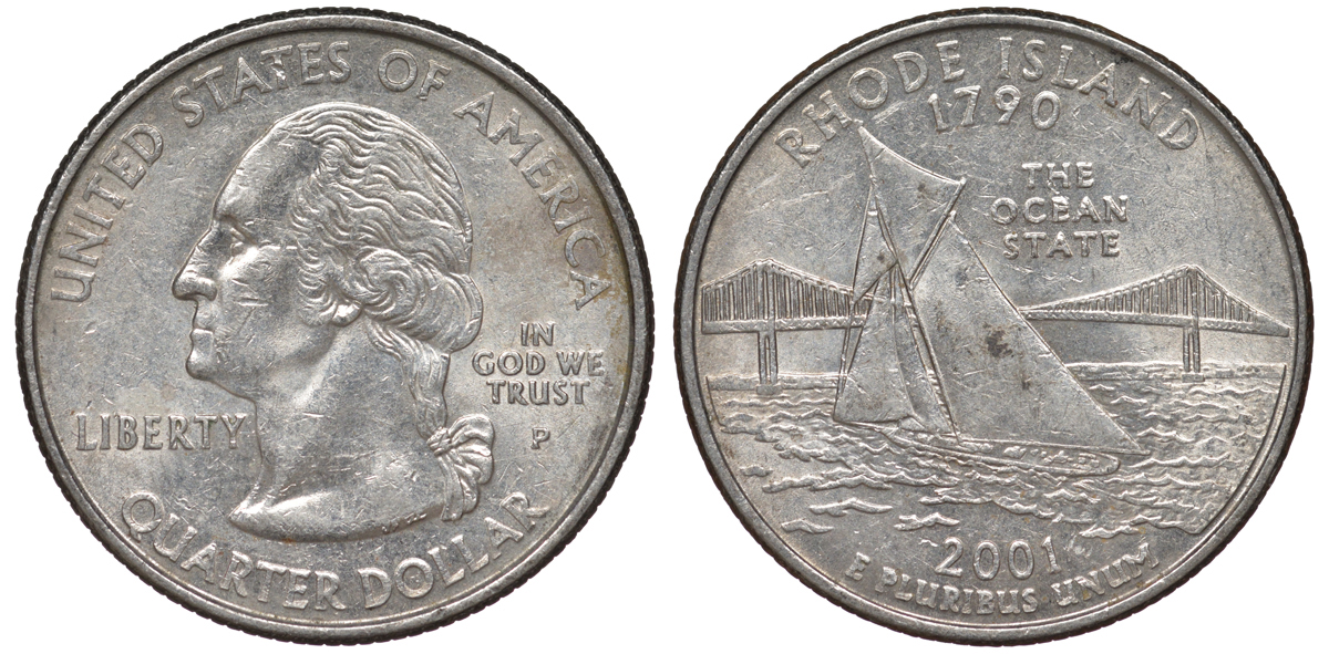 США 25 центов = квотер 2001 Р, серия штаты США, Род-Айленд KM 320 медь плакированная медно-никелем 4538-1234
