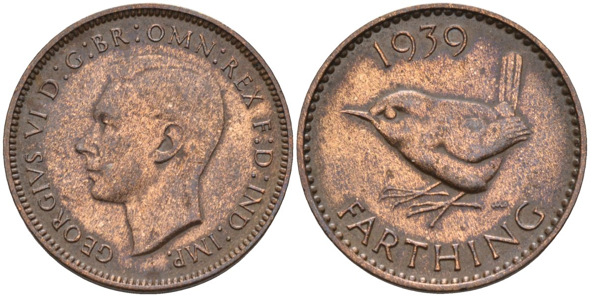 Великобритания 1 фартинг 1939 Георг VI (1936-1952) KM 843, Spink 4116 бронза 4584-146