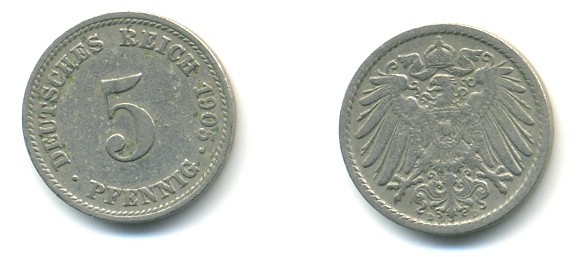 ГЕРМАНИЯ 5 ПФЕННИГОВ 1905 D, KM 11, J. 12 медно-никель 4379-526