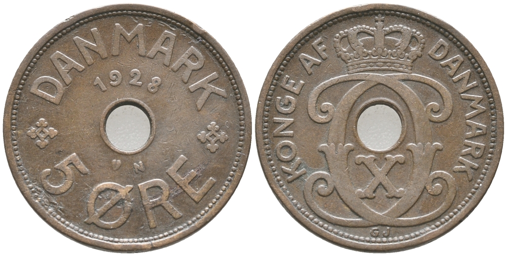 ДАНИЯ 5 ЭРЕ 1928 N ; GJ, КРИСТИАН X (1912-1947) KM 828.2 бронза 32-524