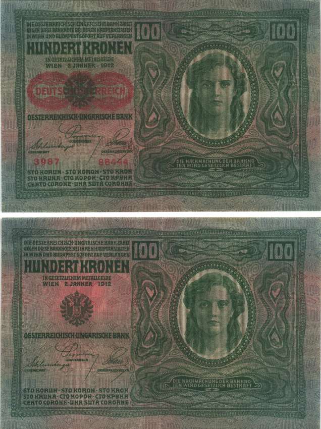 Австрия 100 крон 1912 (1919) красная надпечатка на Pick 12, на аверсе Pick 56 a бумага 8589-54-3-1