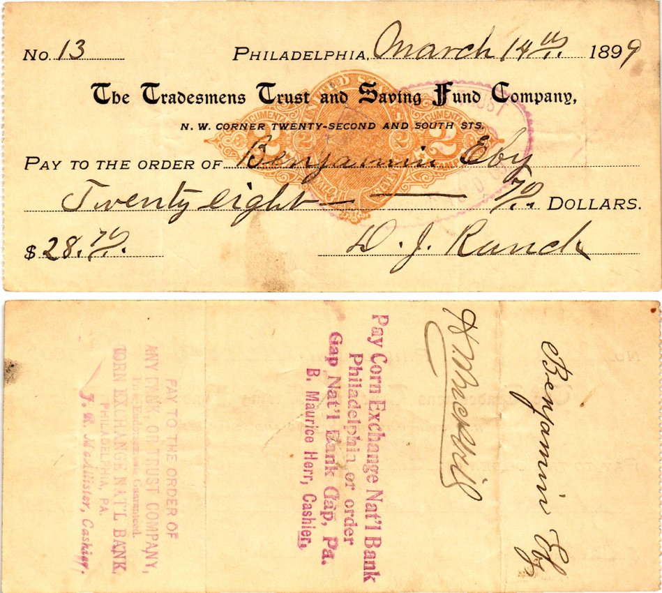 США чек на 28,70 долларов 1899 Филадельфия бумага 2196-30-1-1