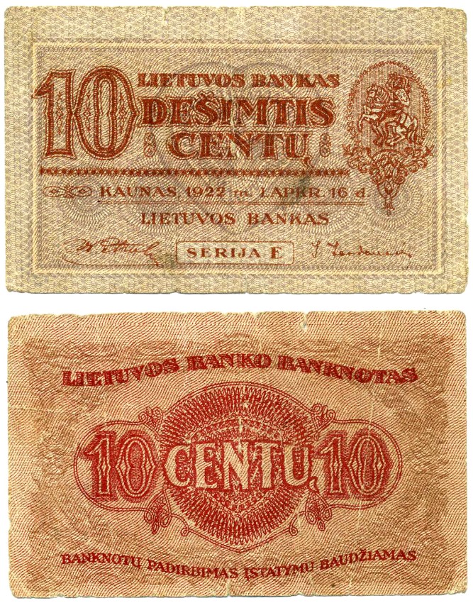 Литовская Республика 10 центов 1922 КАУНАС, 16 декабря 1922 года Pick 10, Кардаков К18.1.10 бумага 437-9-3-2