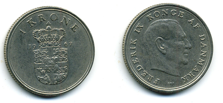 ДАНИЯ 1 КРОНА 1967 C; S, ФРЕДЕРИК IX (1947-1972) KM 851.1 медно-никель 56-447