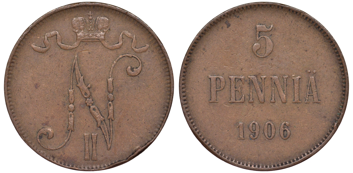 Россия для Финляндии 5 пенни 1906 Биткин 447 медь 53-856