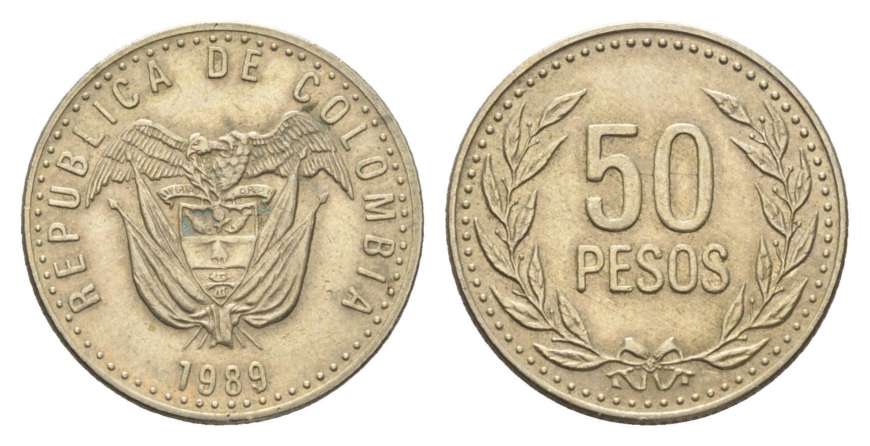 Колумбия 50 песо 1989 KM 283 медь цинк никель 4664-466