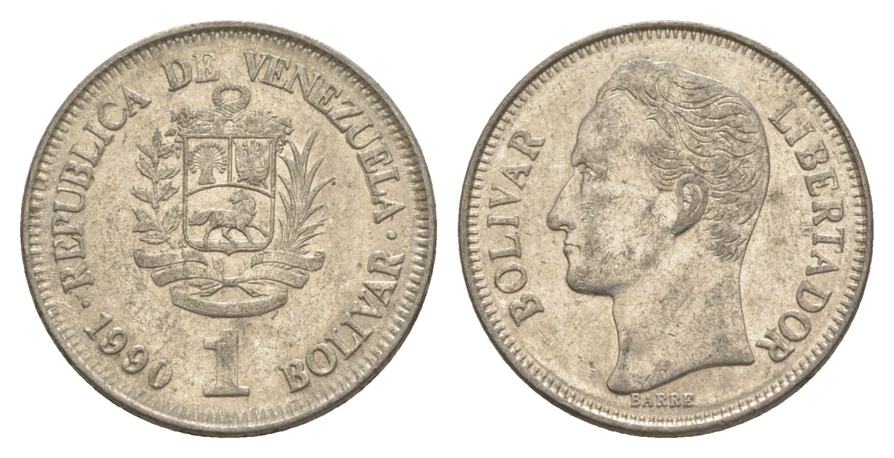 Венесуэла 1 боливар 1990 Симон Боливар, толстый шрифт Y 52a.2 сталь плакированная никелем 4591-432